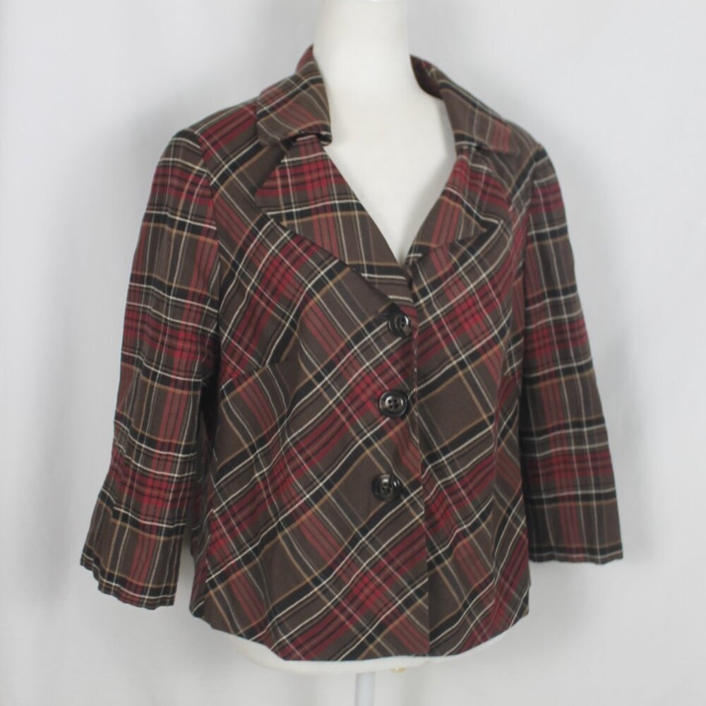 Nine West Brown Red Swatch Plaid Blazer Jacket Woman Size 14 Collared 3/4 Sleeve